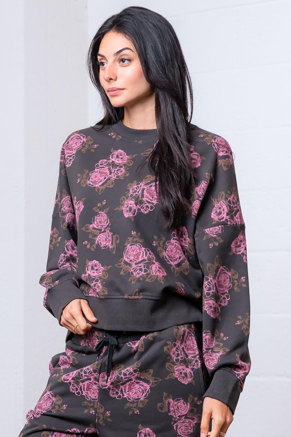 Crew Neck Flower Printed Sweatshirt