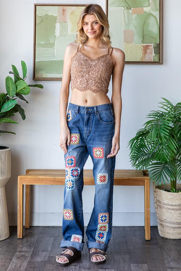 Square Crochet Patchwork Denim Jeans
