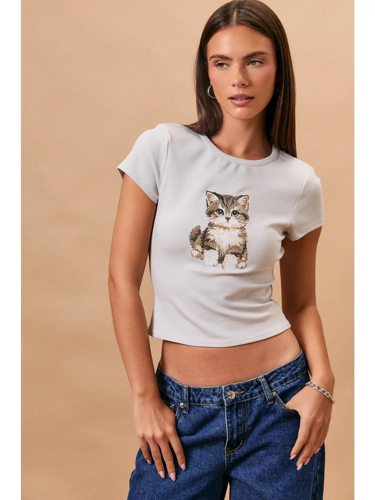 "Cat" Embroidery Short Sleeve Round Neck Baby Tee
