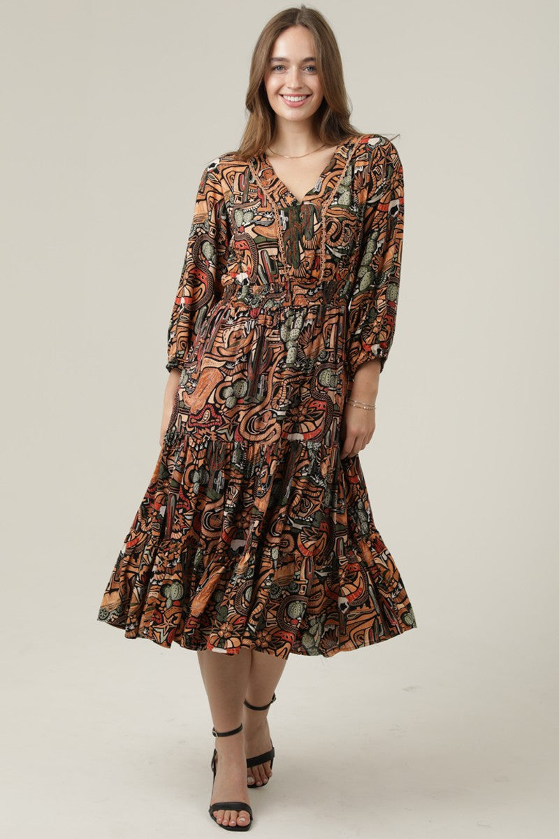 Black Cactus Print Midi Dress With Elastic Waist
