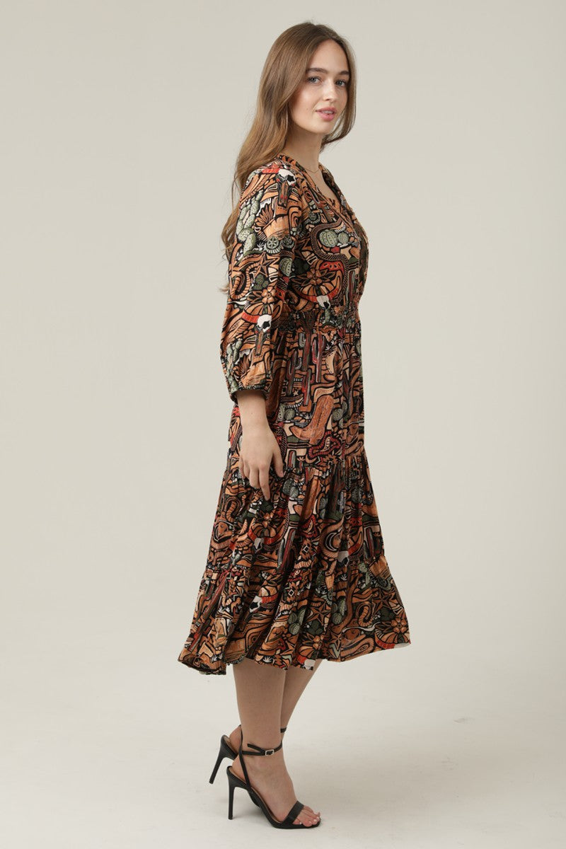 Black Cactus Print Midi Dress With Elastic Waist
