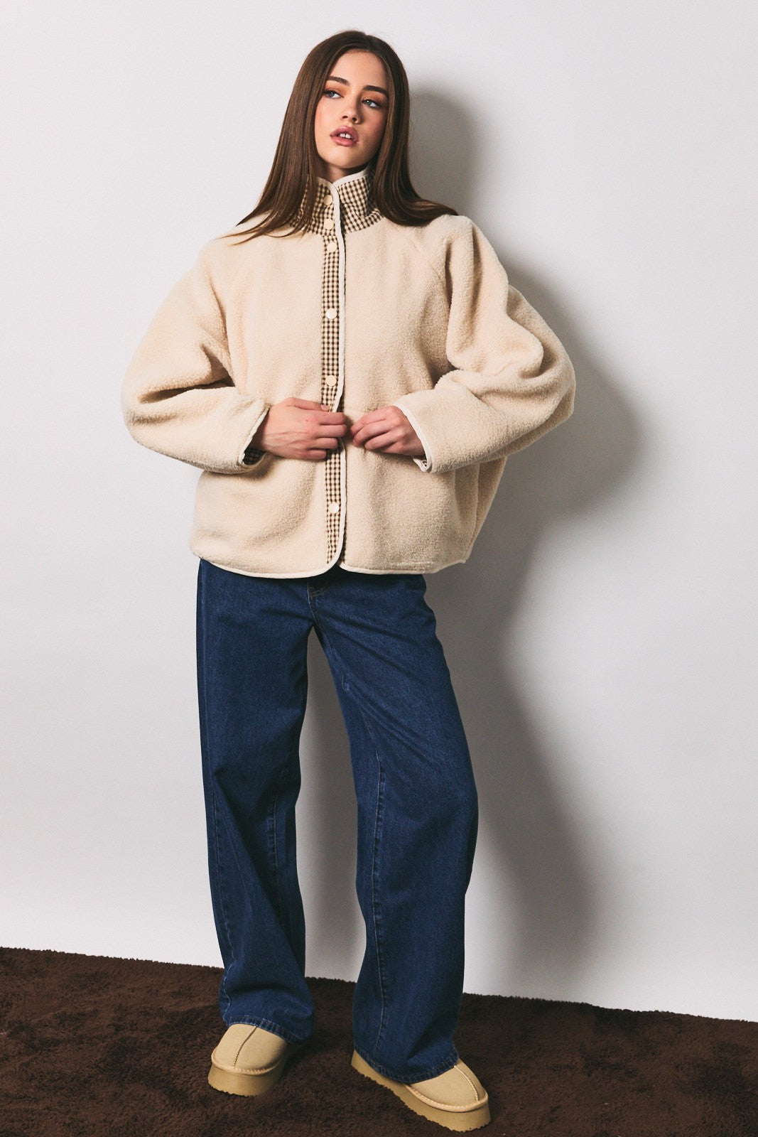 Gingham Contrast Reversible Sherpa Jacket