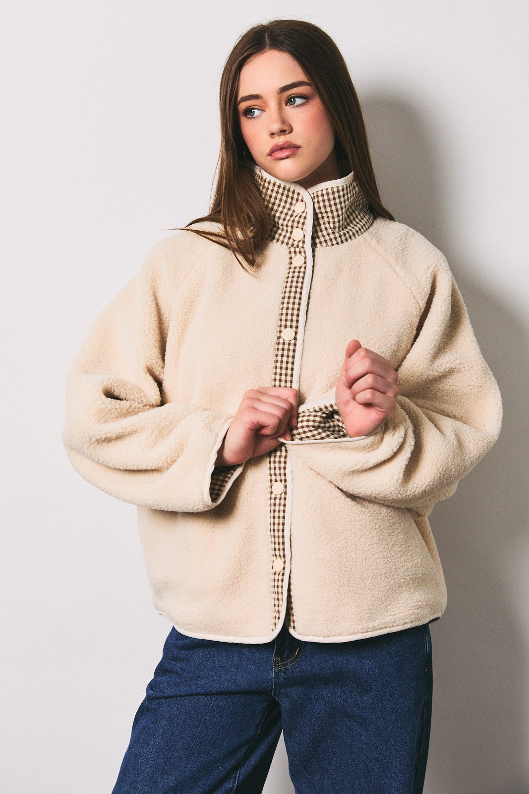 Gingham Contrast Reversible Sherpa Jacket