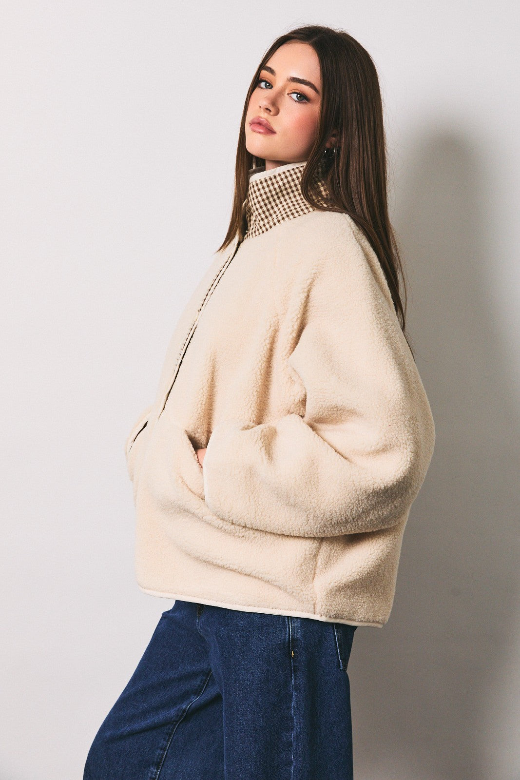 Gingham Contrast Reversible Sherpa Jacket
