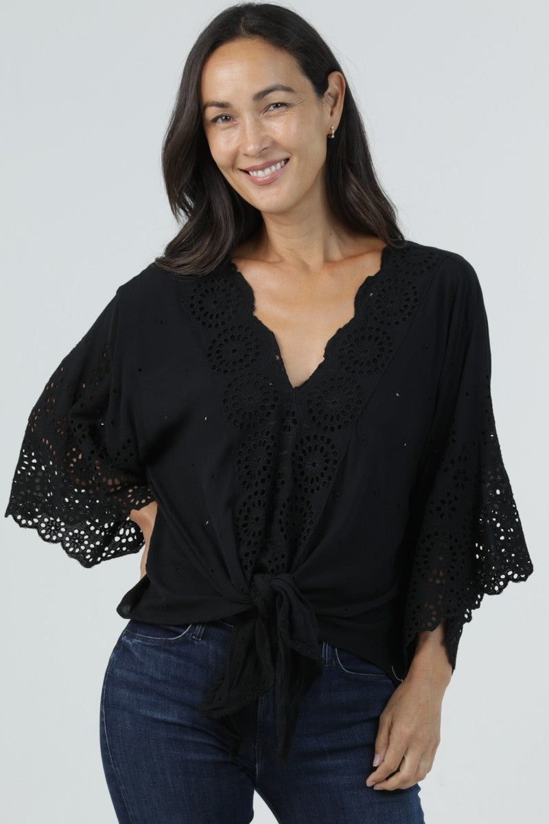 Black Short Sleeve Deep Crochet Tie Front Blouse