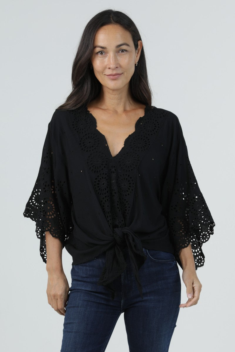 Black Short Sleeve Deep Crochet Tie Front Blouse