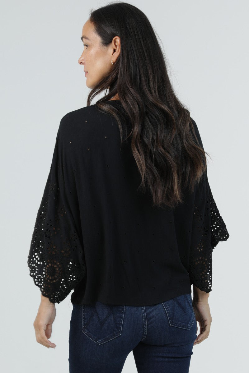 Black Short Sleeve Deep Crochet Tie Front Blouse