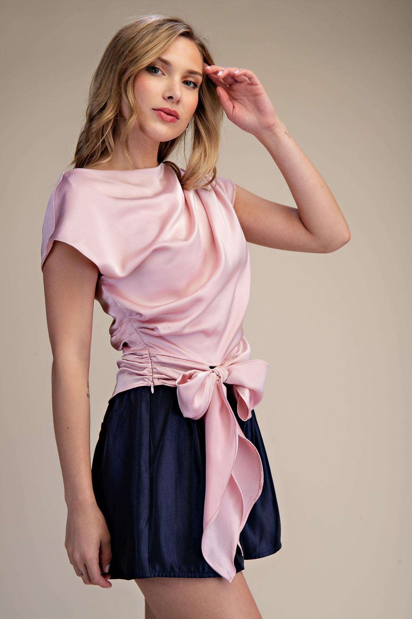 Pink Boat Neck Waist Tie Blouse