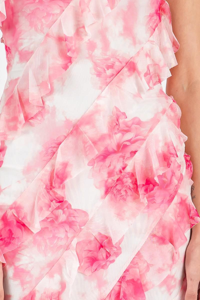 PINK PRINT MESH MINI RUFFLE DRESS