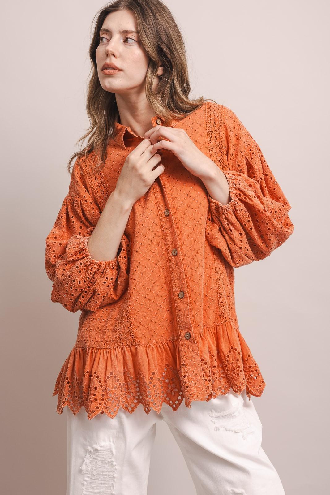Coral 3/4 Sleeve Balloon Sleeve Eyelet Ruffle Blouse