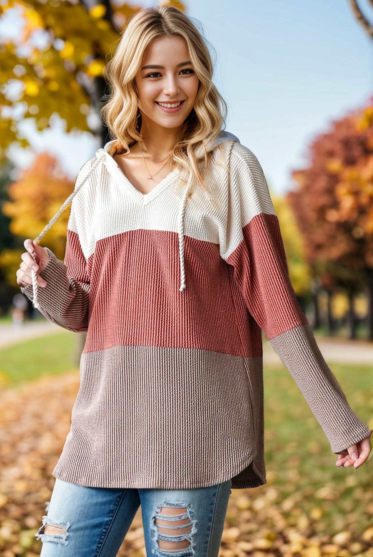 Cream/Rust Solid Urban Ribbed Hoodie