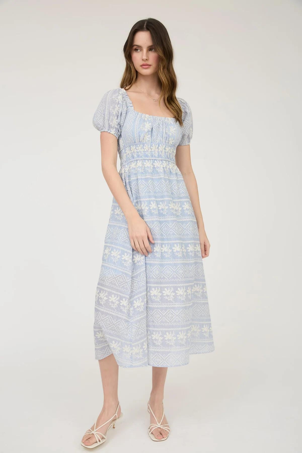 STRIPE FLORAL EMBROIDERY BLUE MAXI DRESS