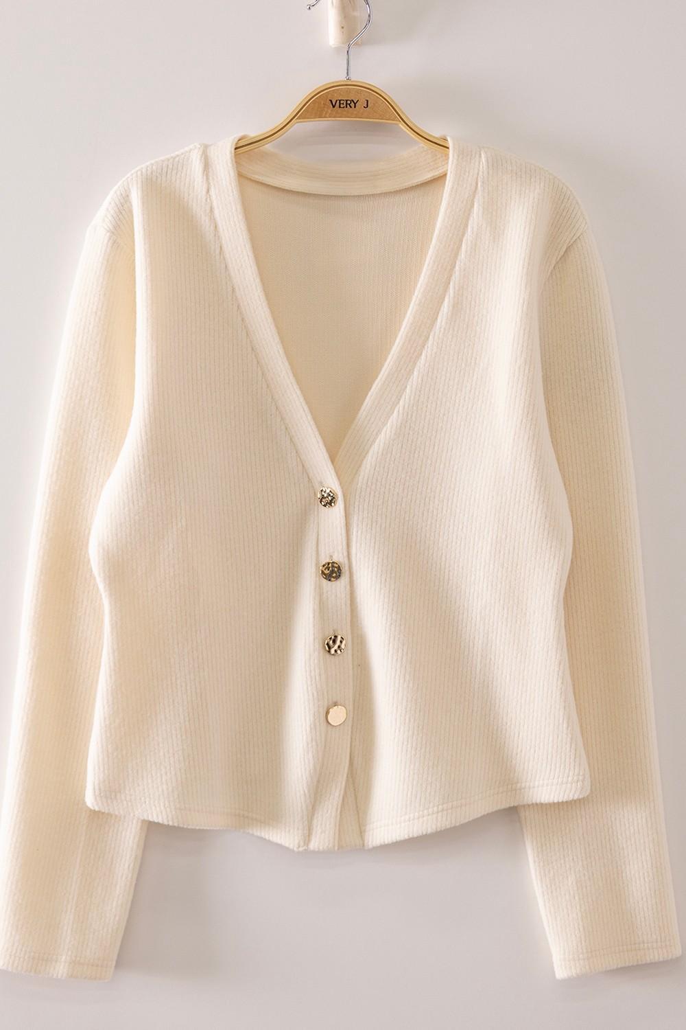 Cream Soft Ribbed V-neck Cardigan