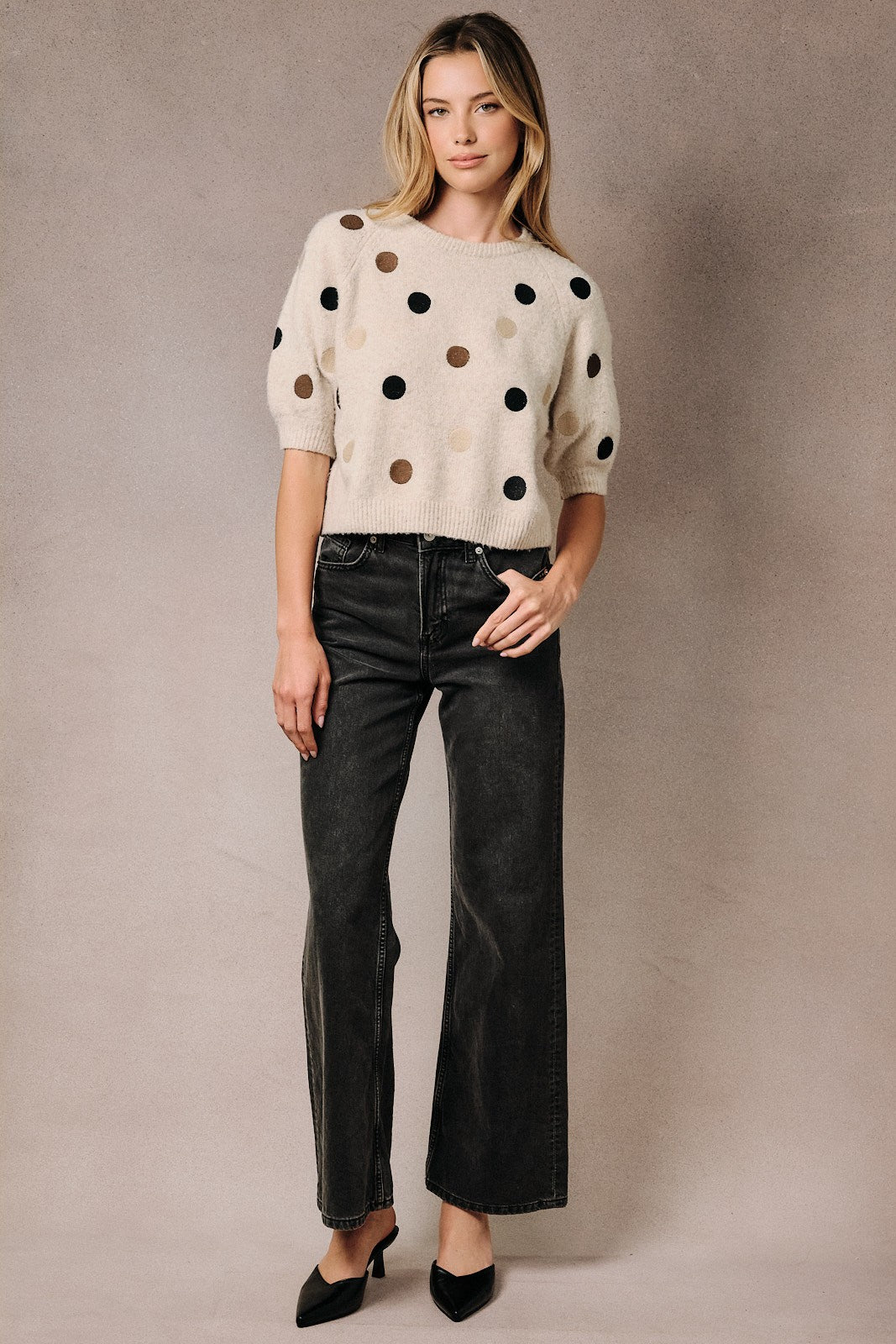 Fuzzy Polka Dot Raglan Short Sleeve Knit Sweater