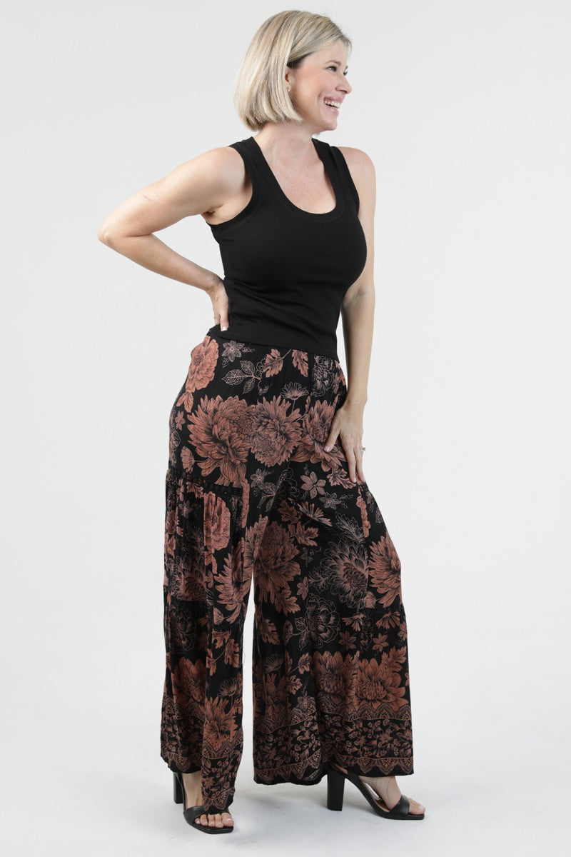 Black Printed Wide Leg Flare Pants With Lace Trim