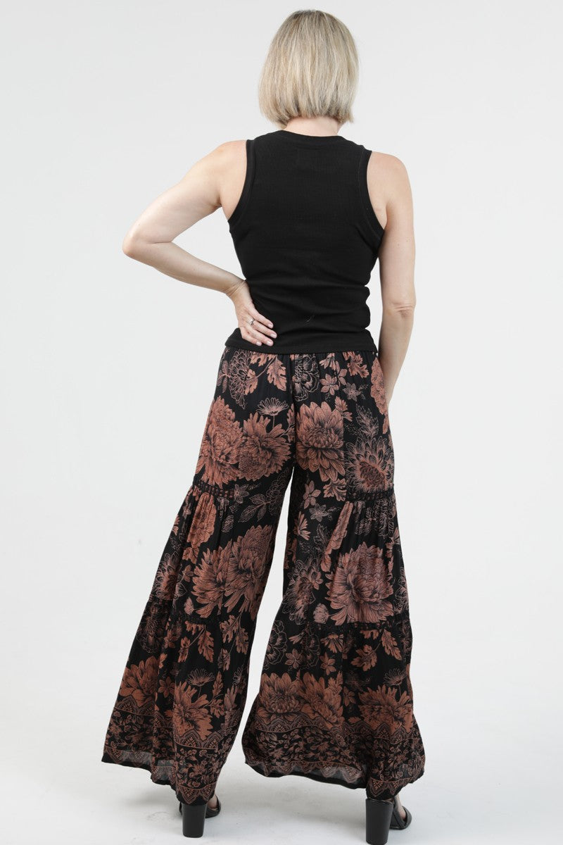 Black Printed Wide Leg Flare Pants With Lace Trim