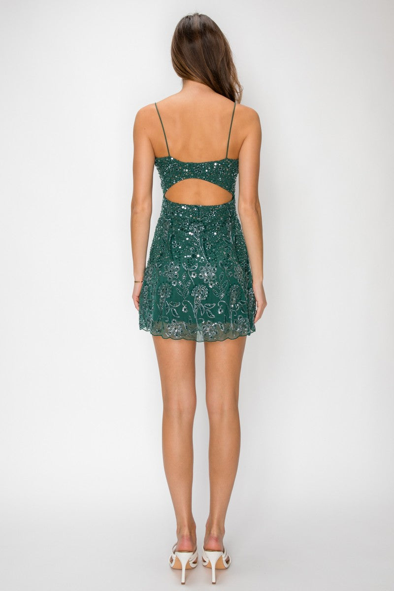 Hunter Green Beads Mesh Tube Mini Dress