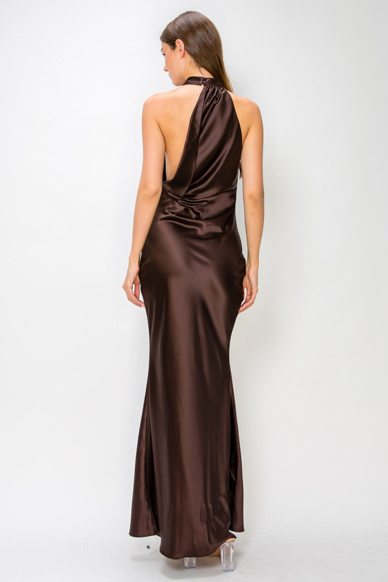 Brown Halter Mock Neck Open-back Maxi Dress
