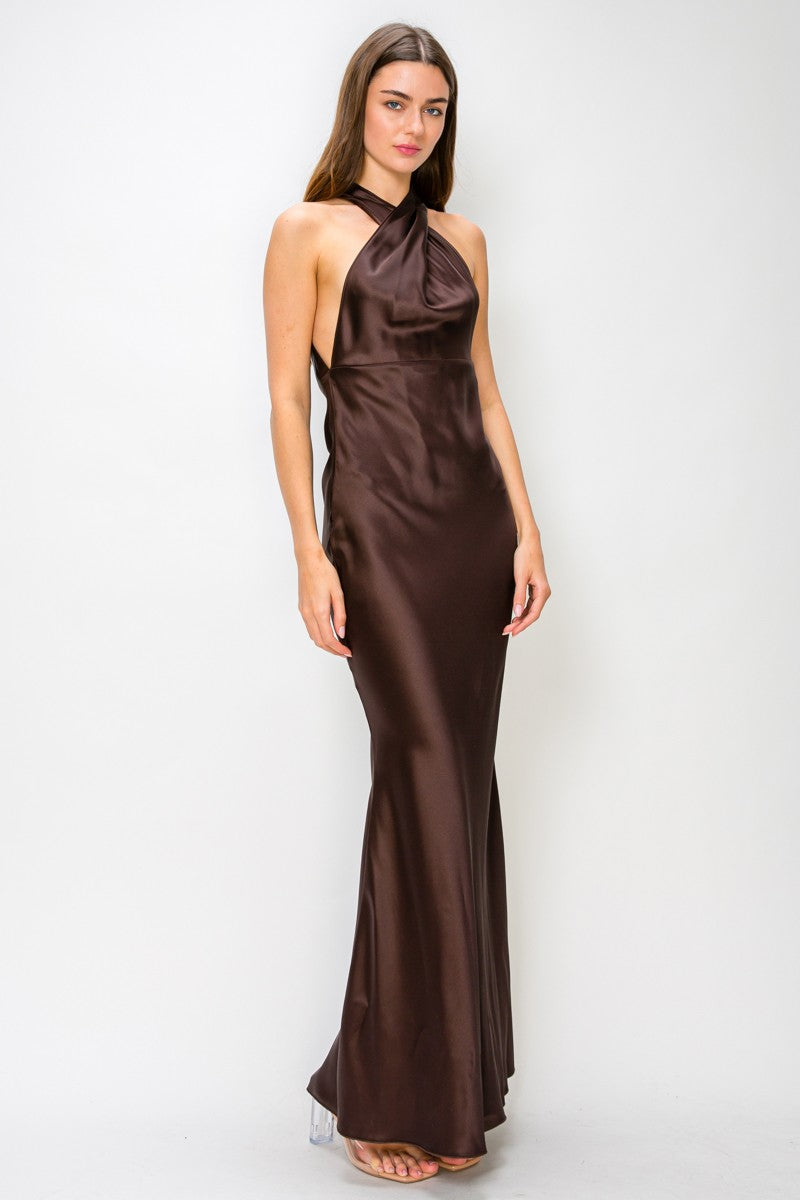 Brown Halter Mock Neck Open-back Maxi Dress