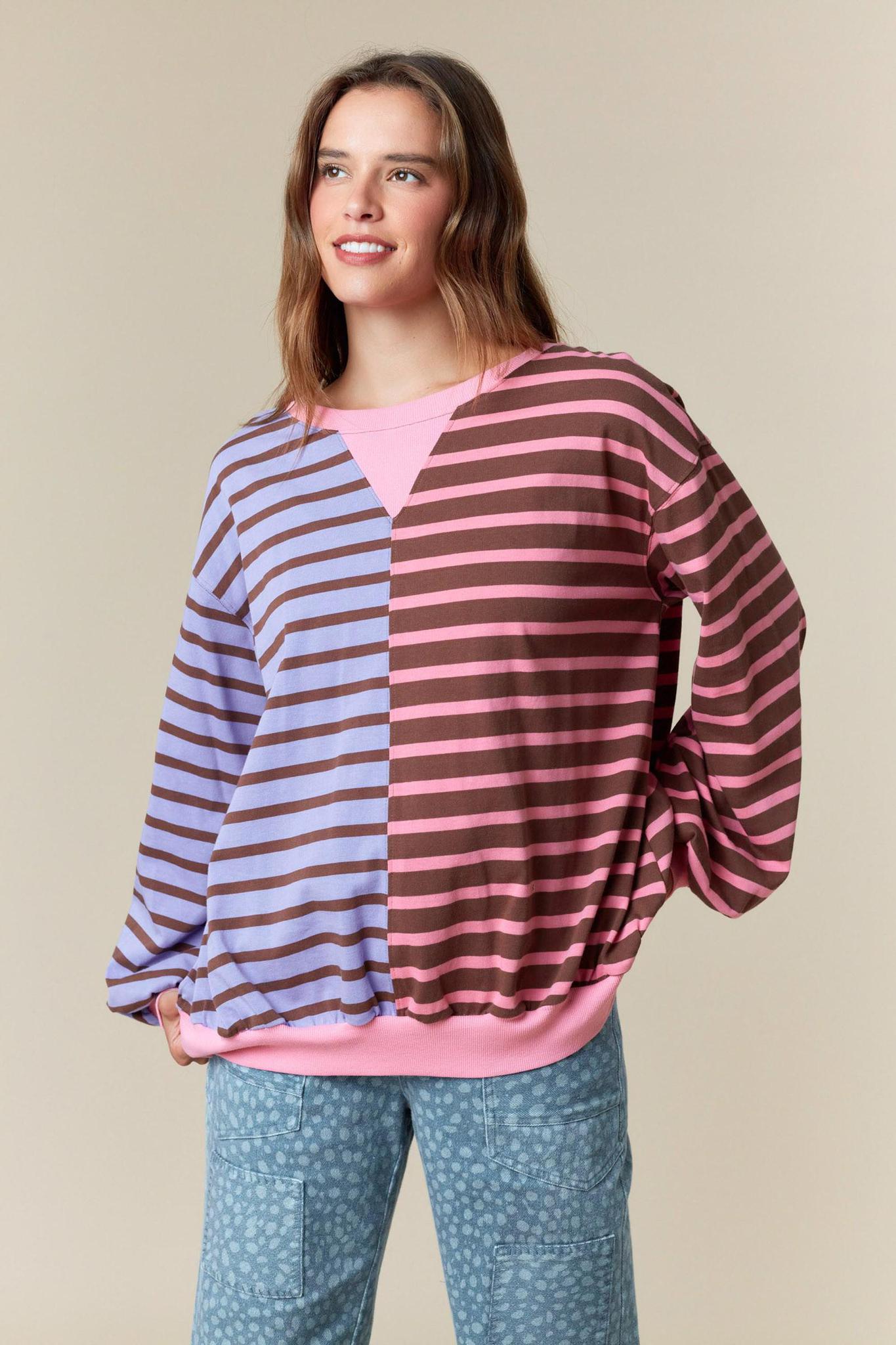 Half & Half Color Block Stripe Sweatshirt