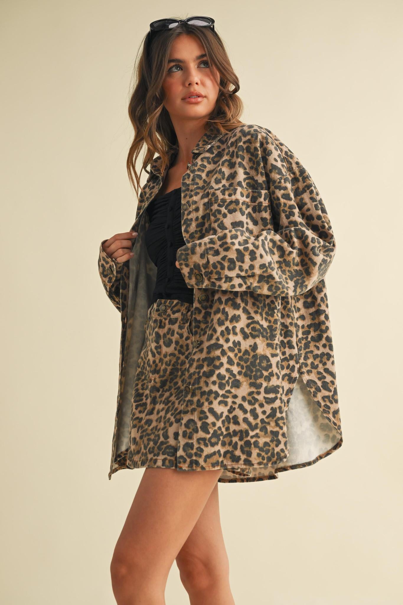 Leopard Shacket And Mini Skirt Set