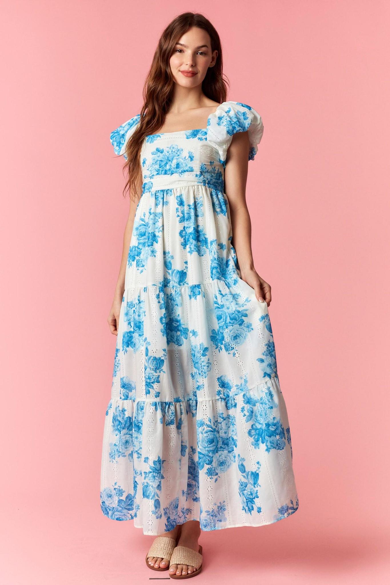 Blue Floral Print Cap Puff Sleeve Smocked Maxi Dress