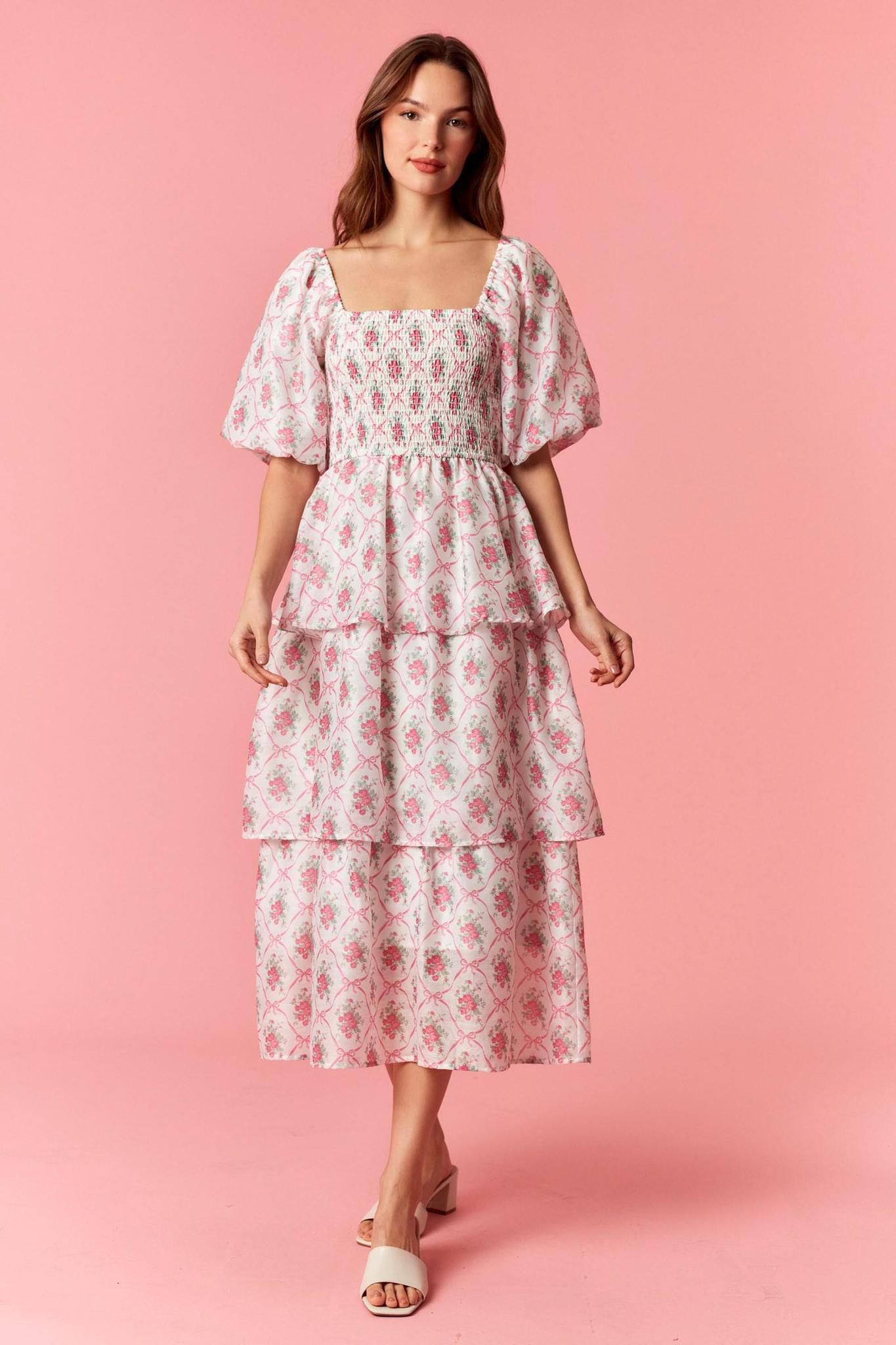 Floral Print Bubble Sleeve Tiered Midi Dress