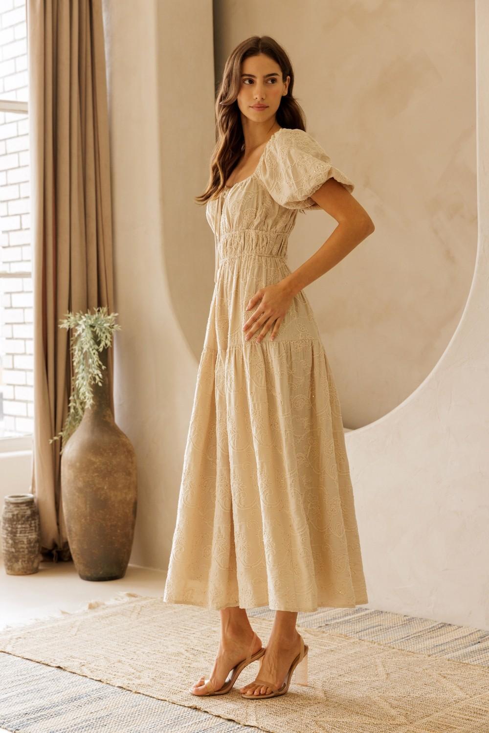 Beige Floral Embroidered Puff Sleeve Midi Dress
