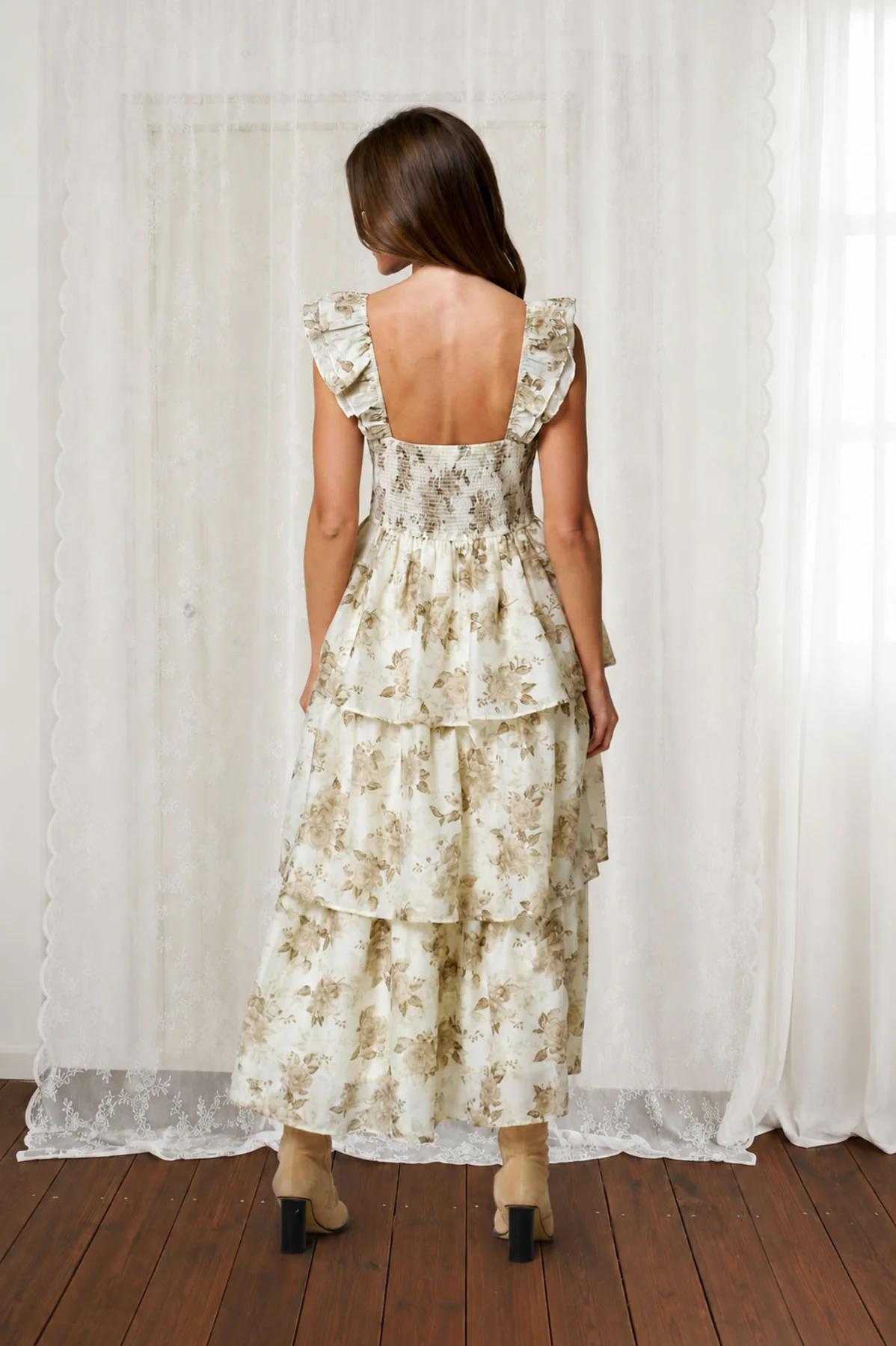 KHAKI FLORAL PRINT RUFFLE TIERED SPAGHETTI MIDI DRESS
