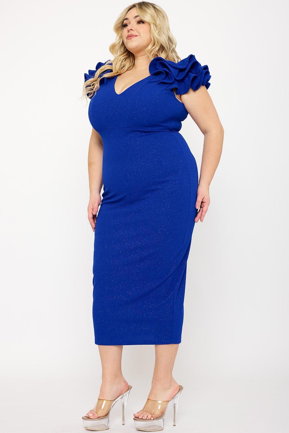 Royal Glitter Ruffle Shoulders Plus Size Midi Dress