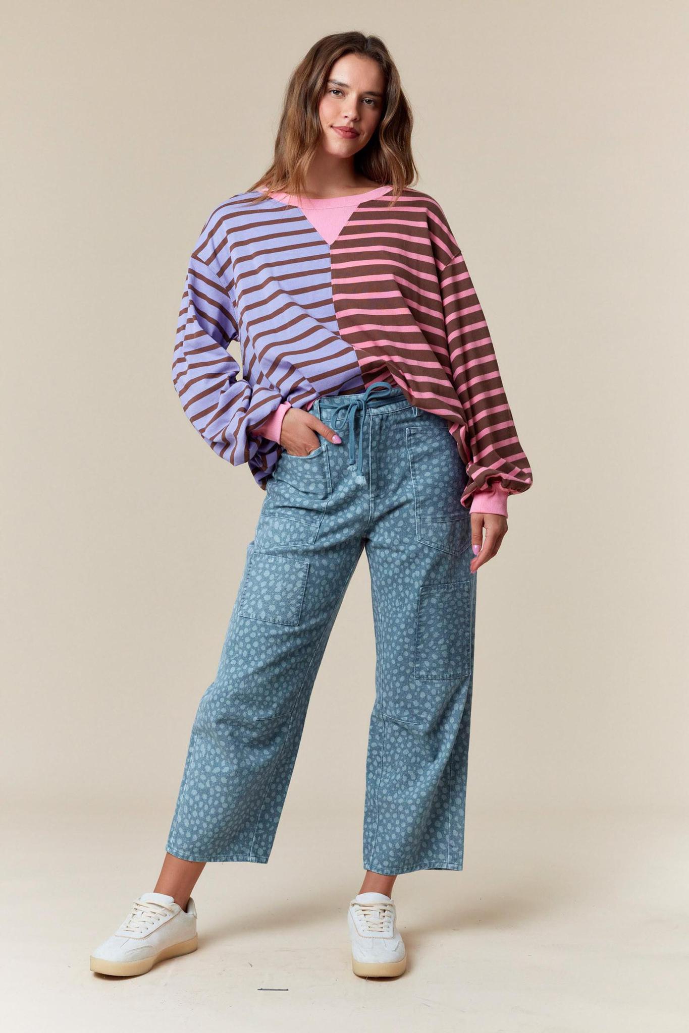 Half & Half Color Block Stripe Sweatshirt
