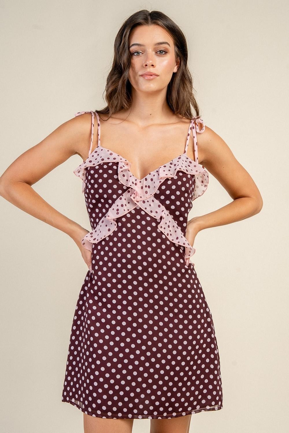 Burgundy Dot Ruffle Flowy Mini Dress