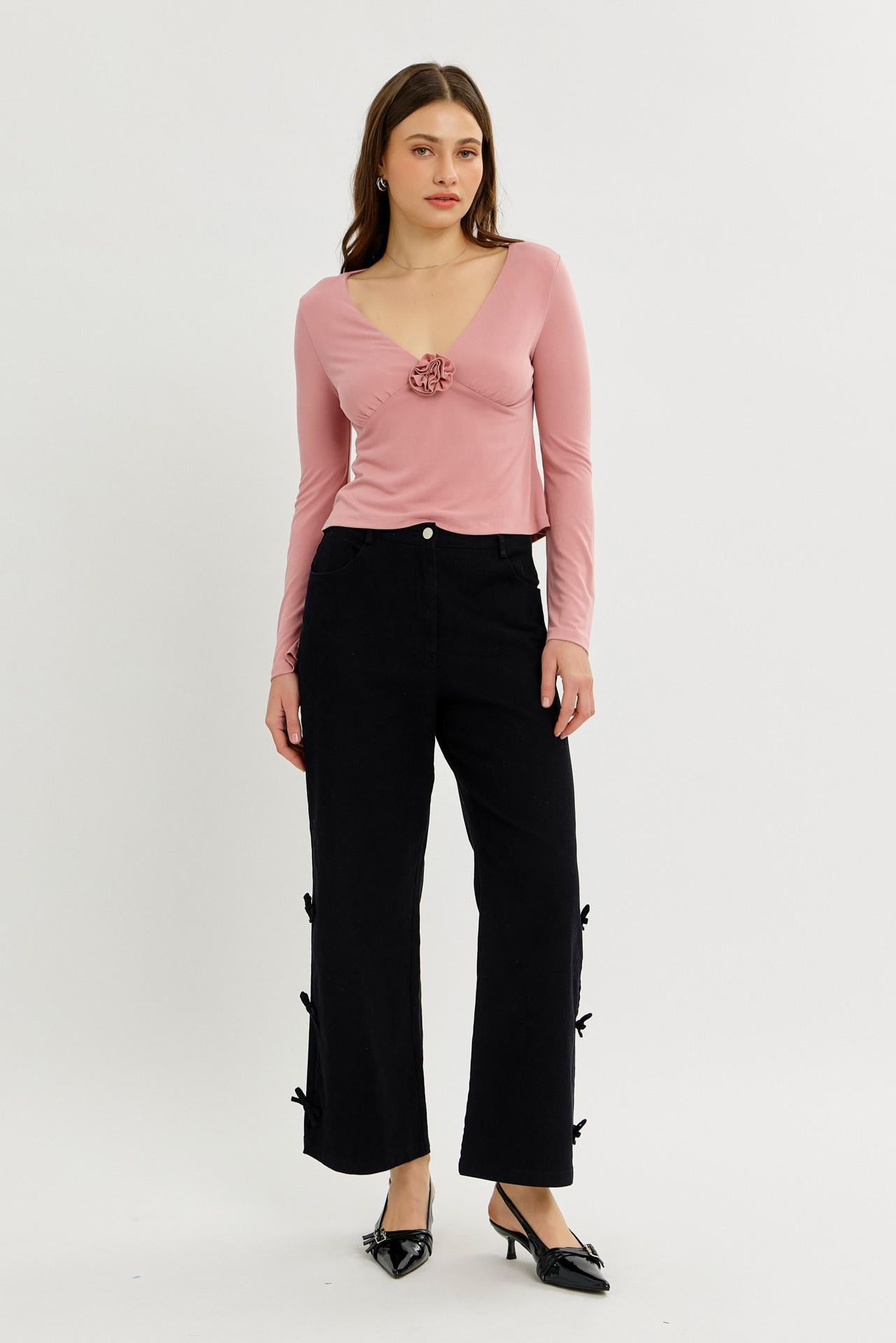Garment Washed Side Bow Detail Western Pants