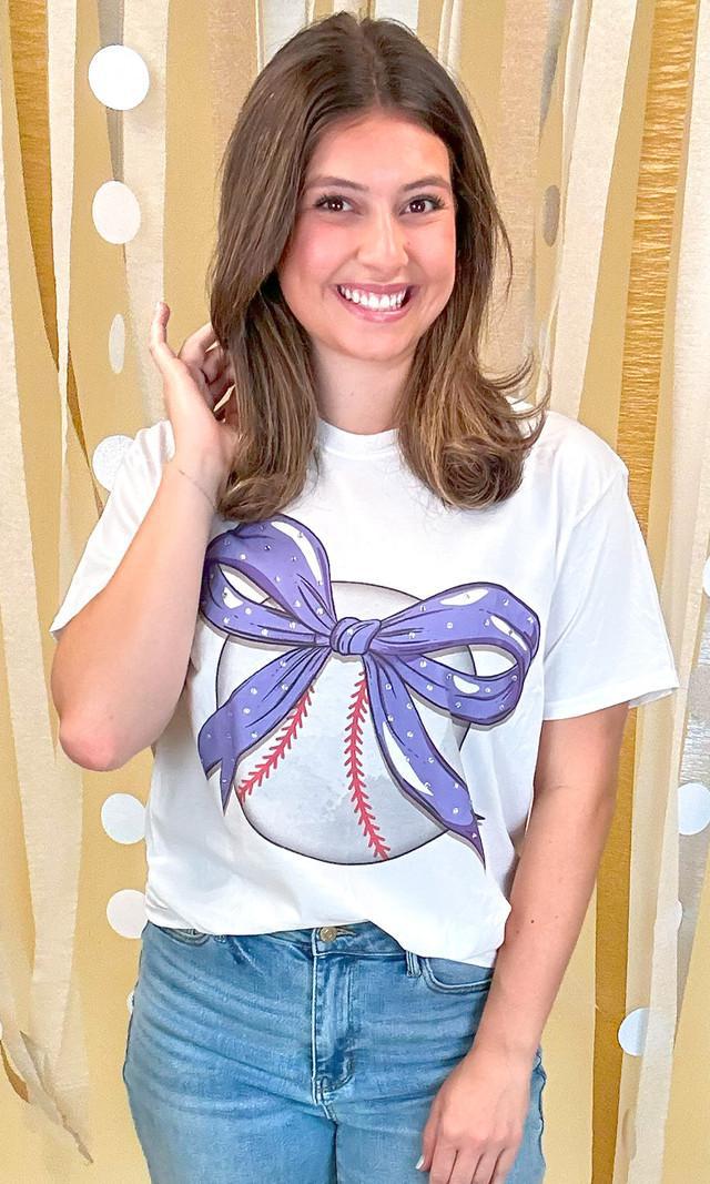 Baseball Bow Rhinestone Graphic T-Shirt - RED BOW