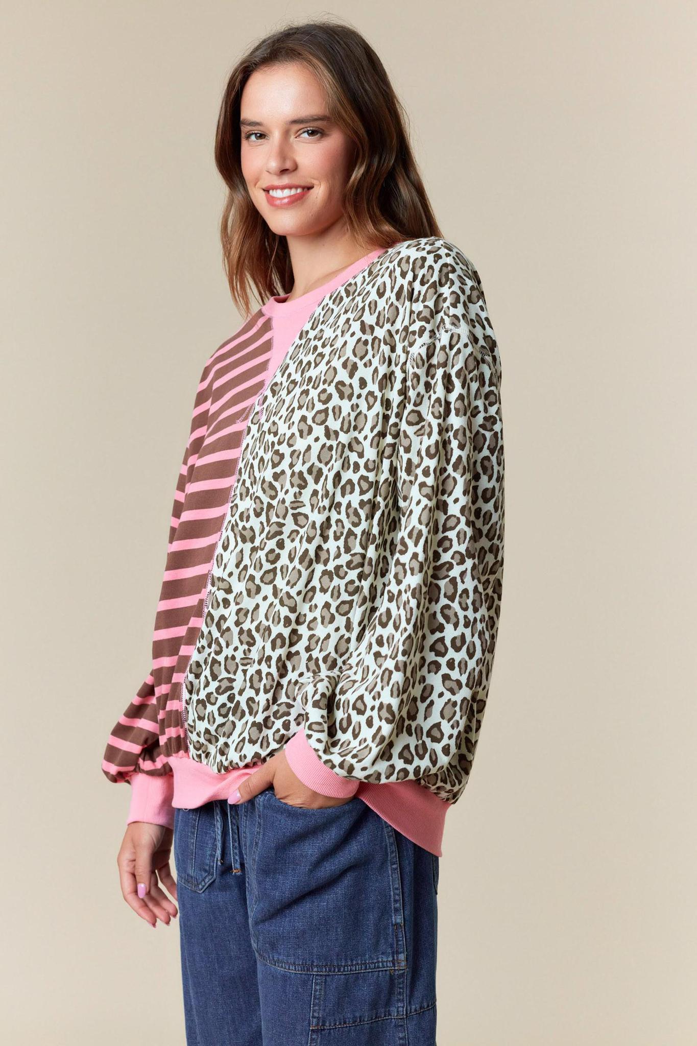 Half&half Color Block Stripe & Leopard Sweatshirt
