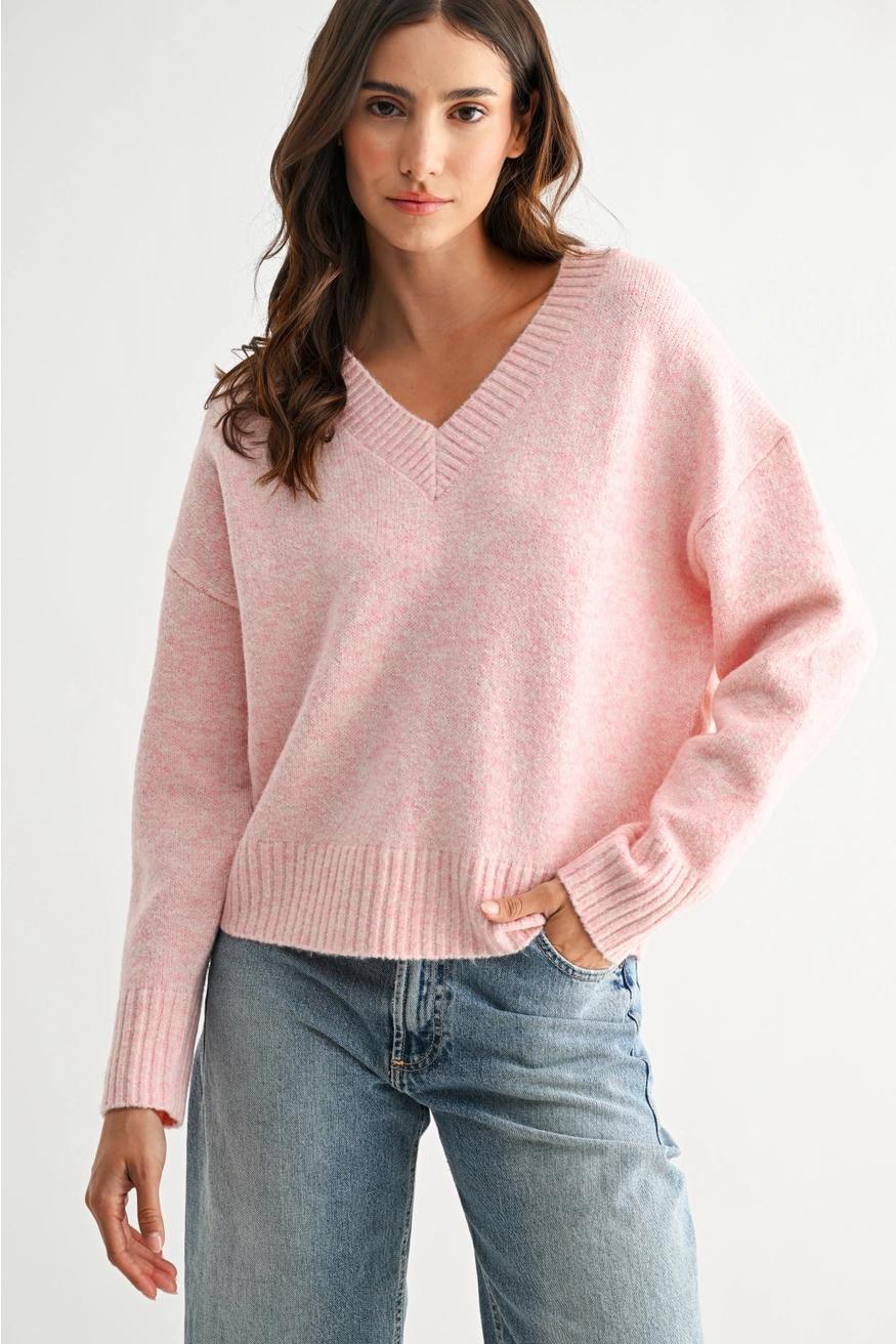Pink Cozy V-Neck Blue Knit Sweater