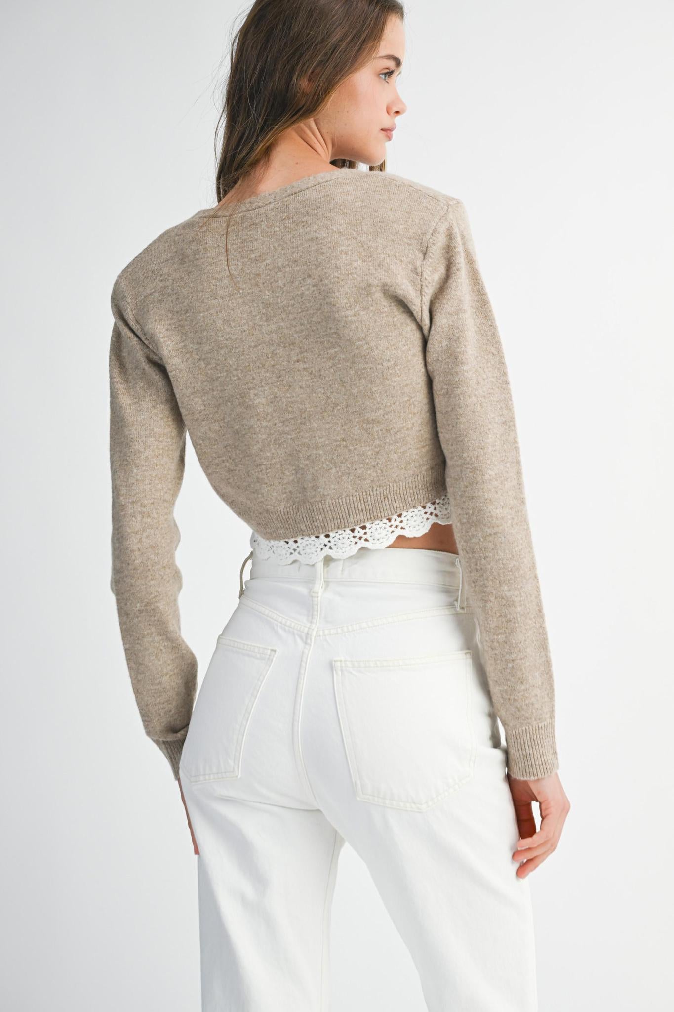 Button Down Lace Trim Hem Knit Cardigan