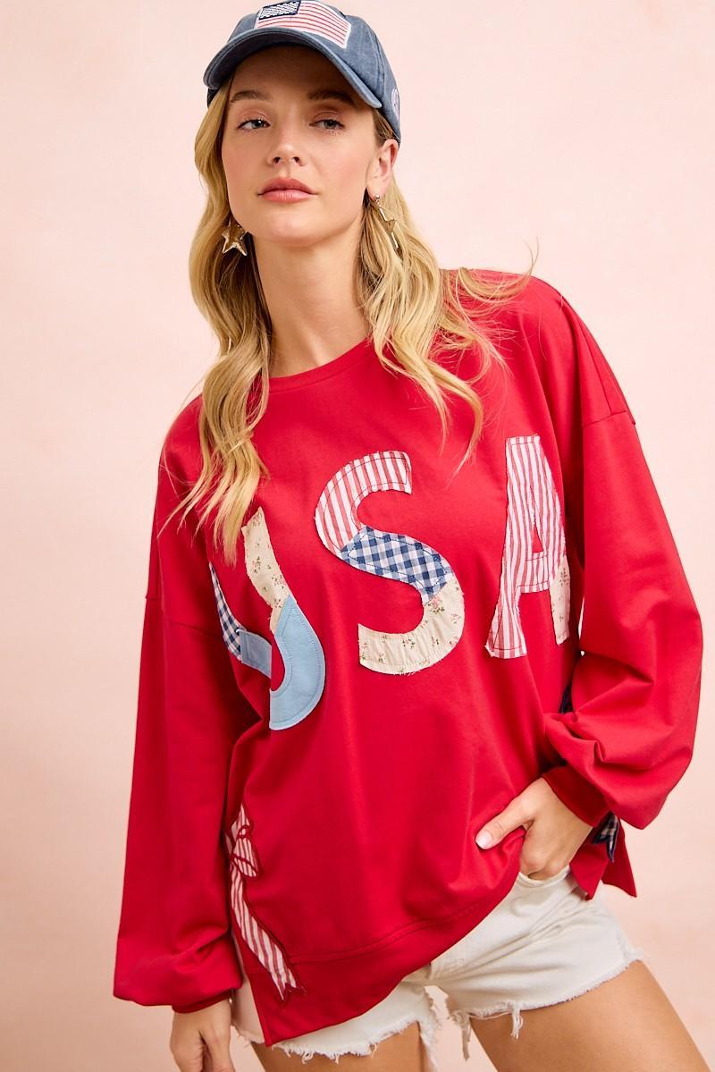 Red 4th of July Pattern Patch Bow Sides Sweatshirt