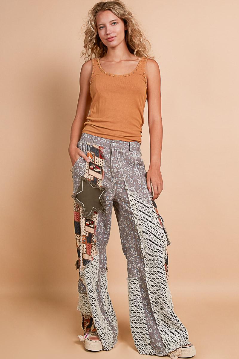 Printed Patchwork Twill Pants