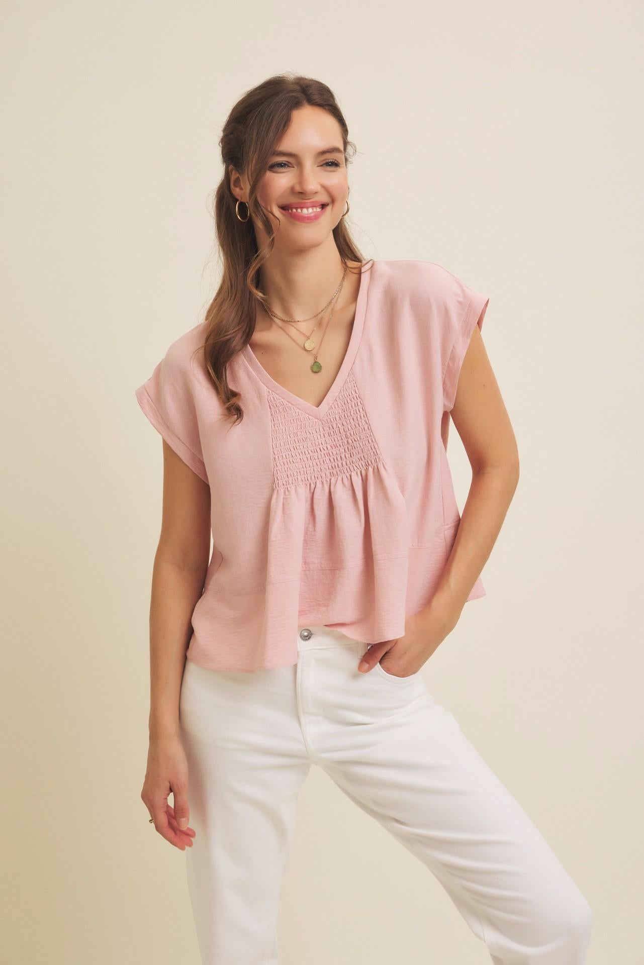 Flowy Oversized Blouse With Smocked Detail - Blush
