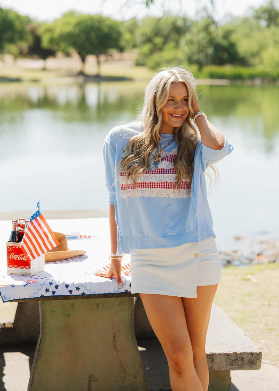 4th of July Patchwork Open Seam Detail French Terry Top