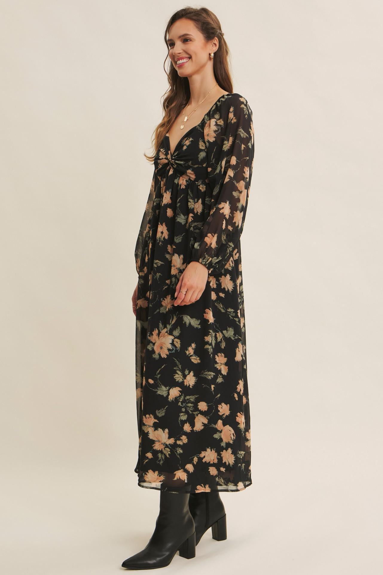 Crepe Chiffon Midi Dress With Knotted Bust