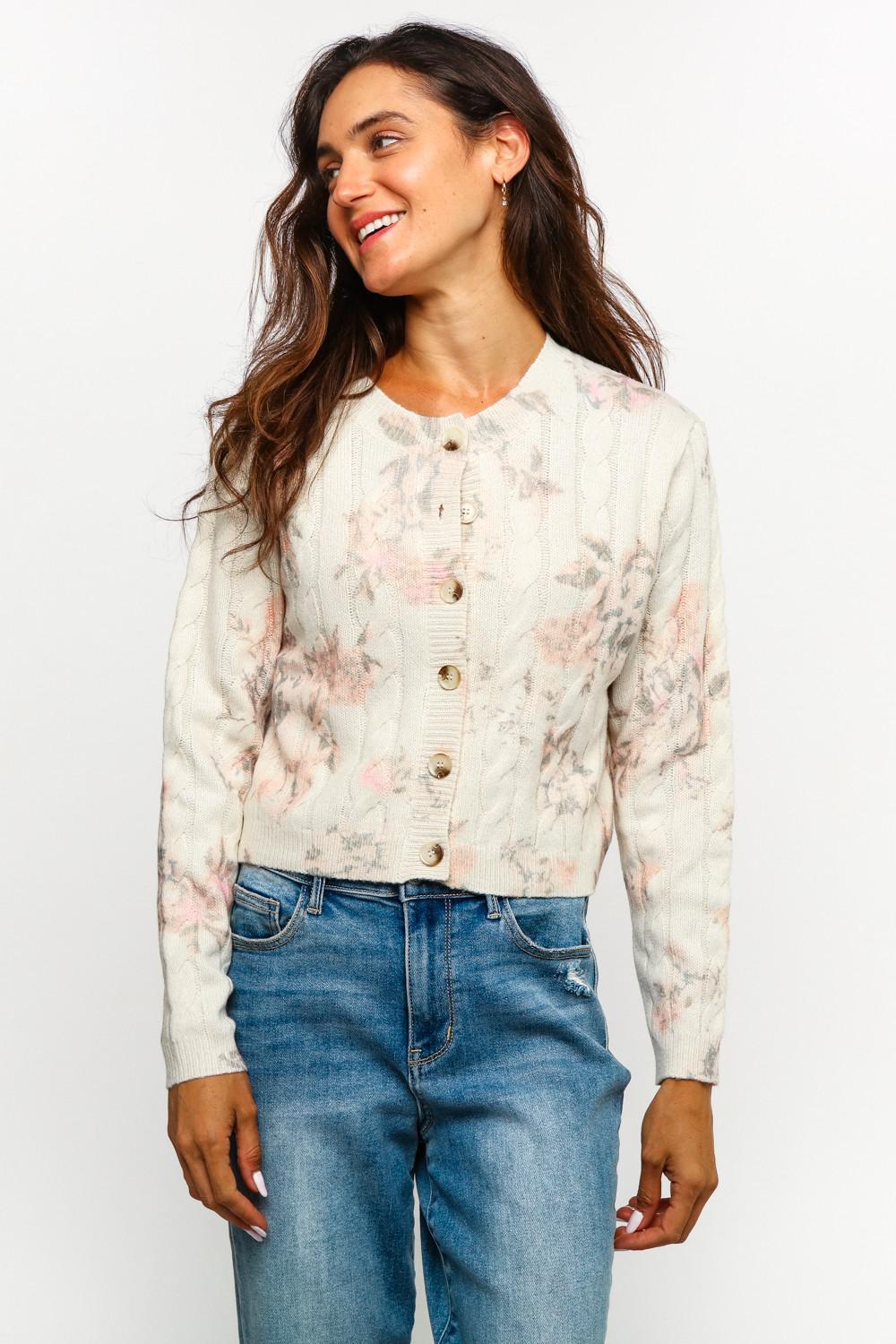 Button Down Floral Cable Sweater