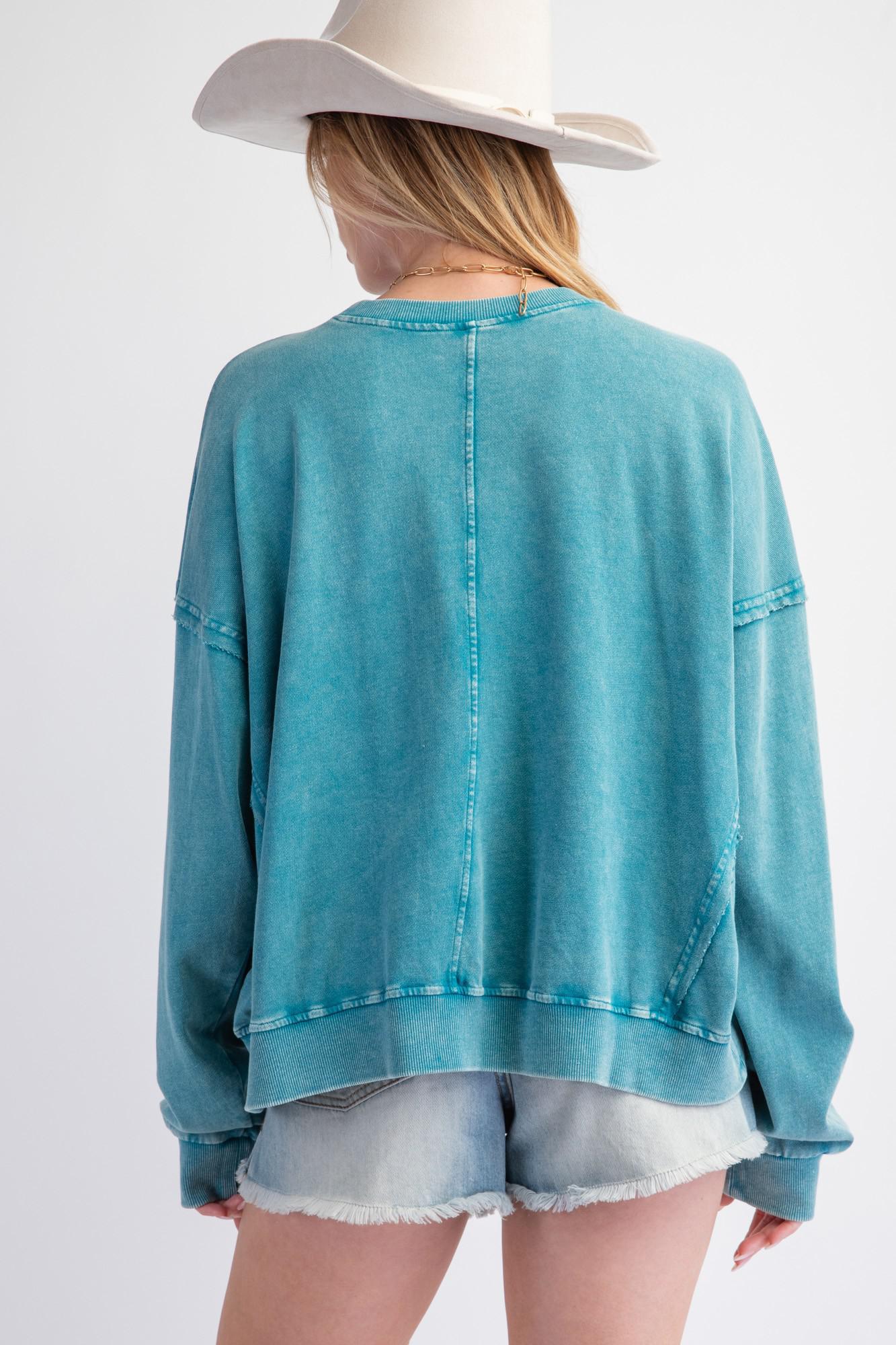 Teal Flower Patch Terry Pullover