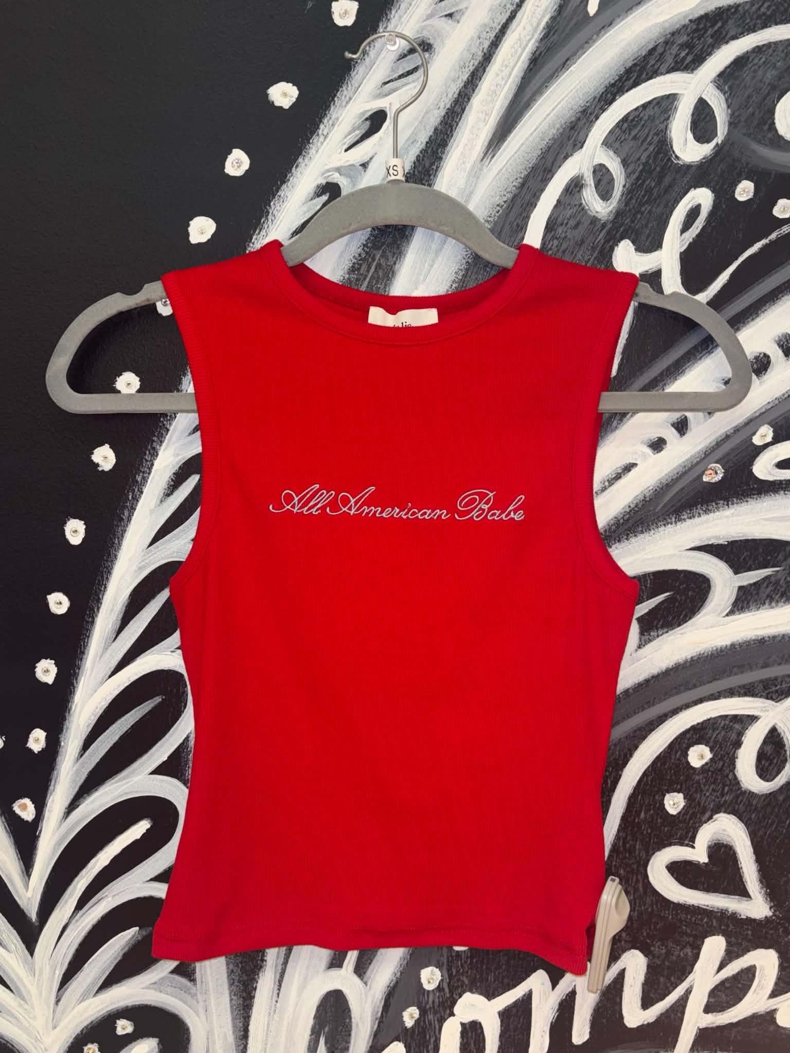 "All American Babe" Round Neck Sleeveless Rib Top