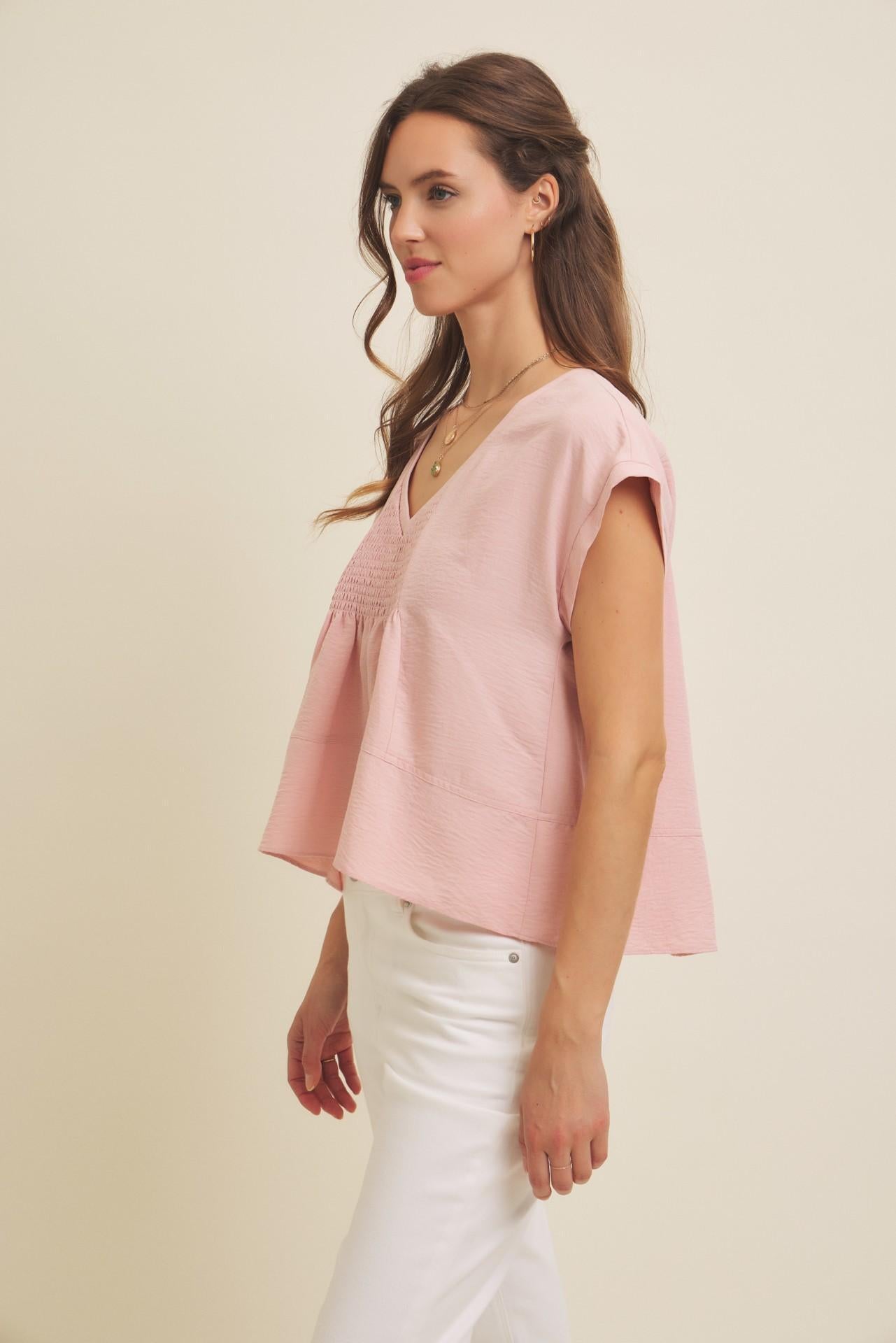 Flowy Oversized Blouse With Smocked Detail - Blush