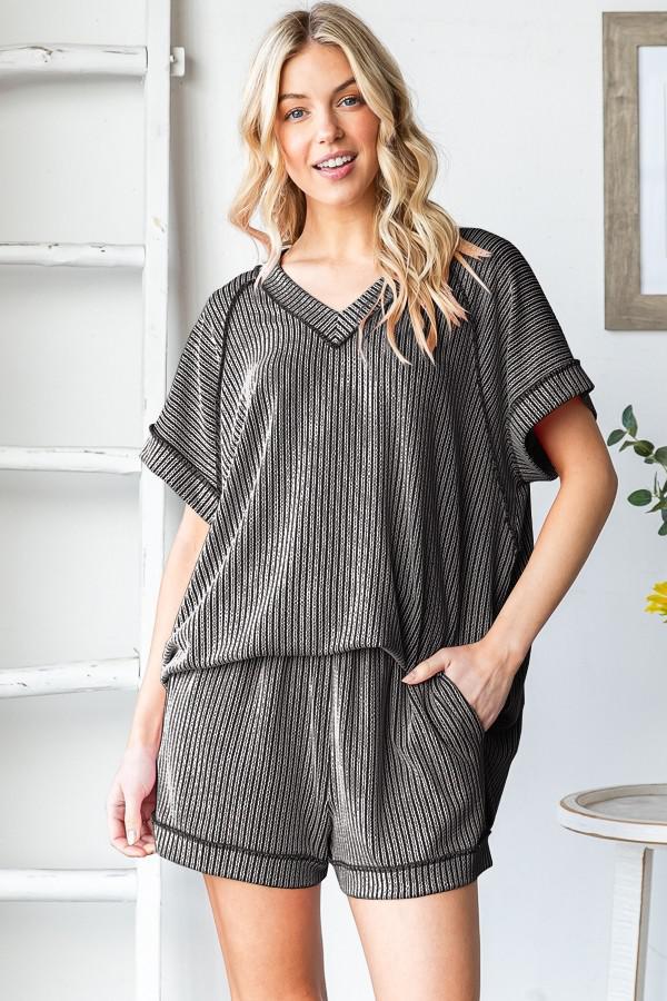 Black Two-Tone Solid Urban Rib Top