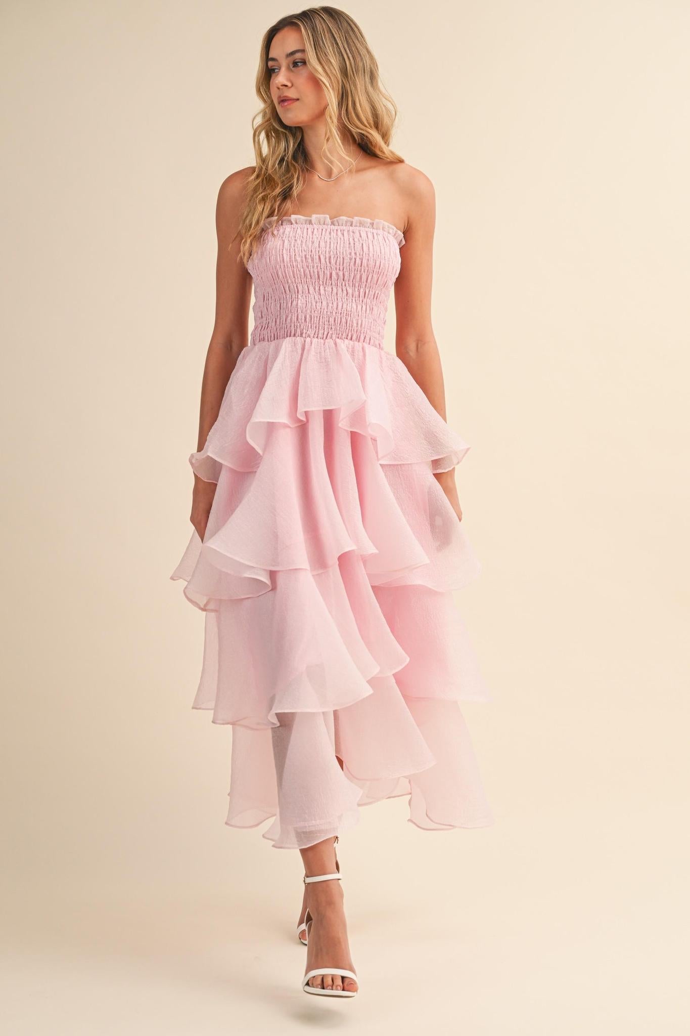 Strapless Tiered Ruffled Layered Maxi Dress