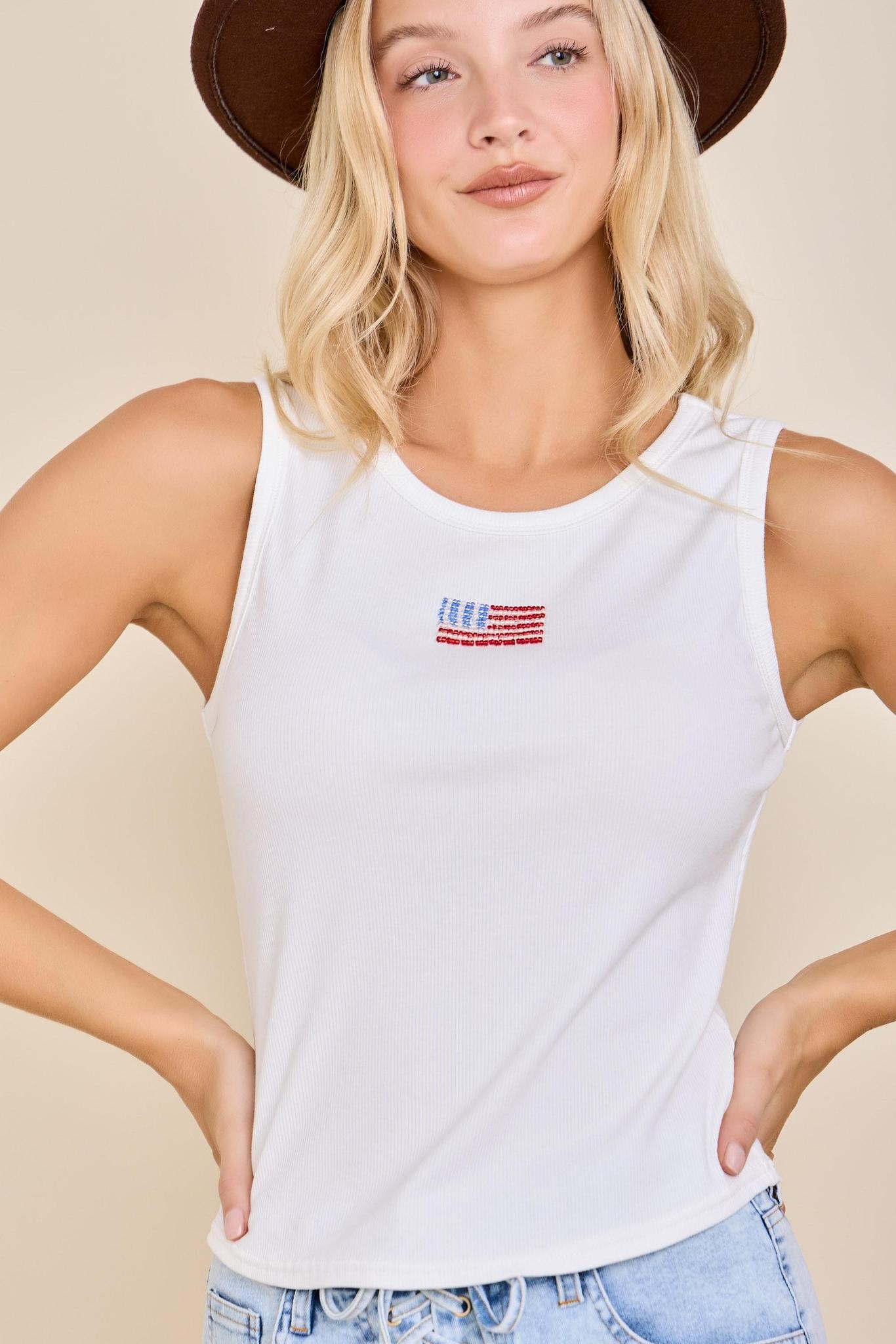 Embroidered Flag Ribbed Tank