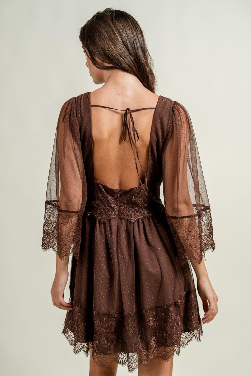 Chocolate Dotted Mesh Eyelash Trimmed Short Dress